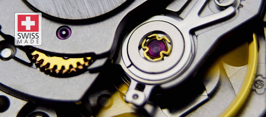 Close-up of a Swiss Made automatic watch movement with ruby jewels and balance wheel